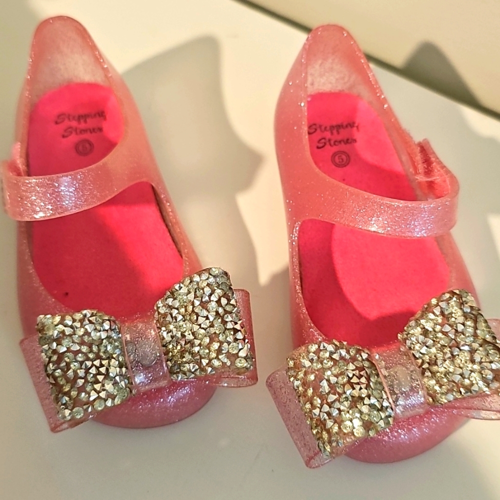 Stepping Stones Pink Glitter Jellies With Toe Bow 5 Nwot